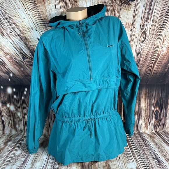 Nike Jackets & Blazers - Vintage 90s Nike Womens Size Medium Teal Hooded 1/4 Zip Windbreaker Jacket Coat